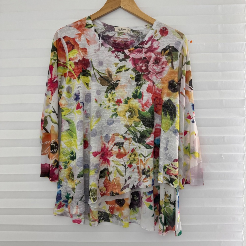 Jess‎ & Jane Floral Burnout Tunic Top Womens L Multi Color 3/4 Sleeve High Low